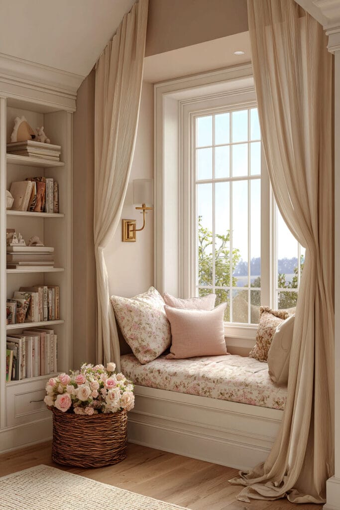 Little girls bedroom window seat reading nook with floral cushions, built-in bookshelves, soft curtains, and natural light.