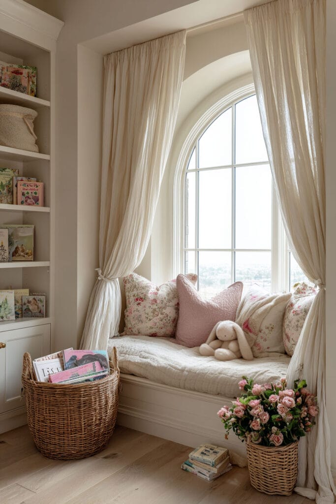 Nature-inspired little girl’s bedroom window seat reading nook with floral pillows, bunny plush toy, books, and soft neutral curtains.
