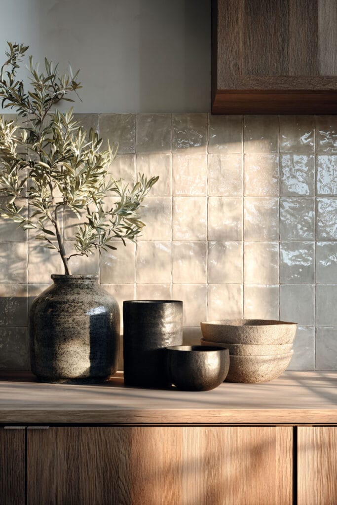 neutral glossy tile kitchen backsplash with warm wood cabinets, minimal kitchen design with soft textured tiles and natural light