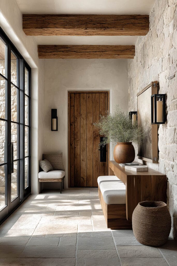 Organic modern entryway with stone wall, rustic wood ceiling beams, wood console table, and large glass doors with natural light.