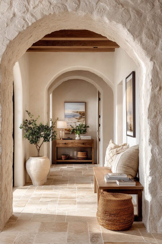 Organic modern hallway with plaster arches, stone tile floor, wood console table, and earthy natural decor.