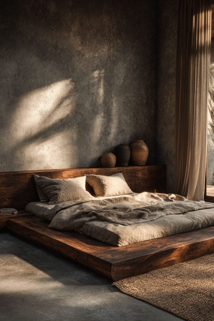 Dark Japandi bedroom with low wooden platform bed, textured plaster wall, neutral linen bedding, and dramatic natural sunlight