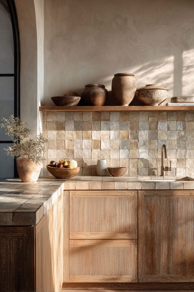 Neutral kitchen with handmade tile backsplash, textured wood cabinets, earthy tones, and natural sunlight in an organic modern kitchen