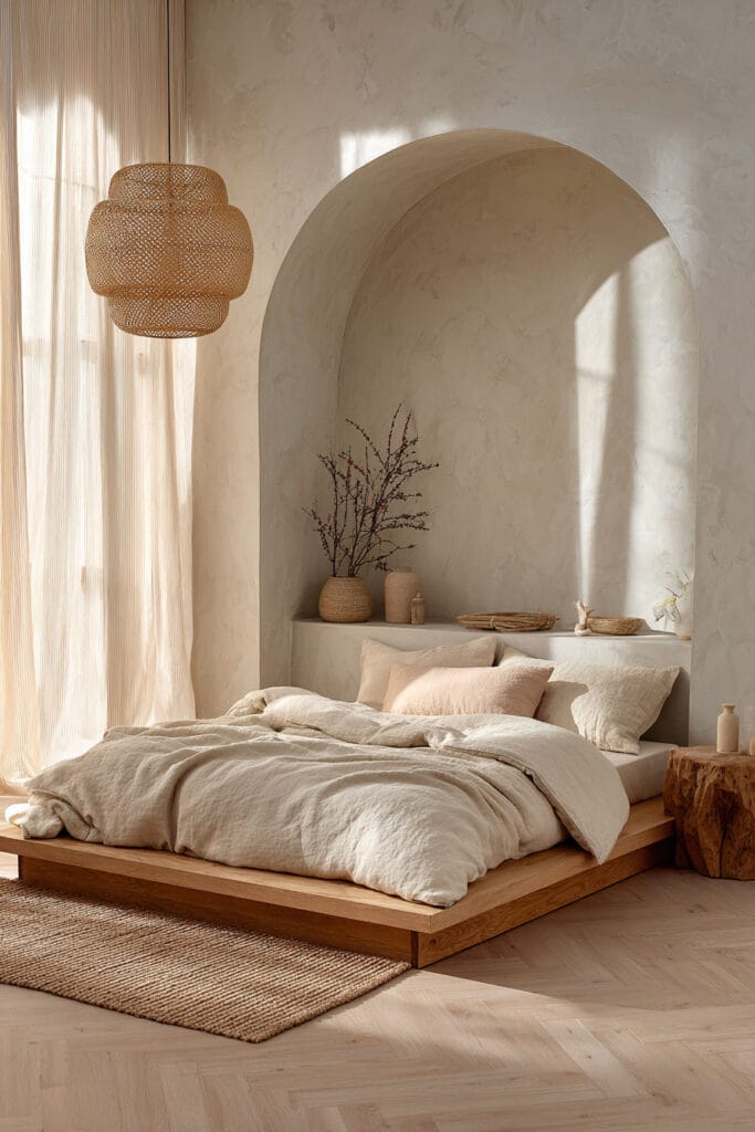 Japandi bedroom with light wood platform bed, arched wall niche, soft neutral linen bedding, woven pendant light, and warm natural sunlight