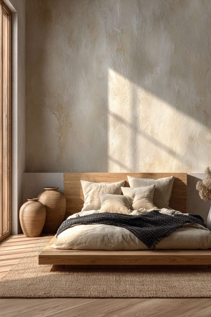 Japandi bedroom with light wood platform bed, neutral linen bedding, textured plaster wall, and soft natural sunlight
