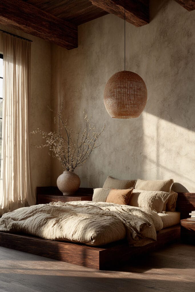 Japandi bedroom with woven pendant light, dark wood platform bed, neutral linen bedding, textured wall, and warm natural sunlight