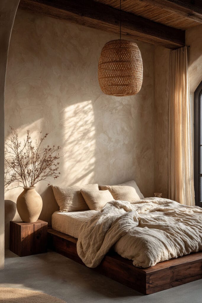 Japandi bedroom with woven pendant light, exposed wood beams, neutral linen bedding, and textured plaster walls with sunlight shadows