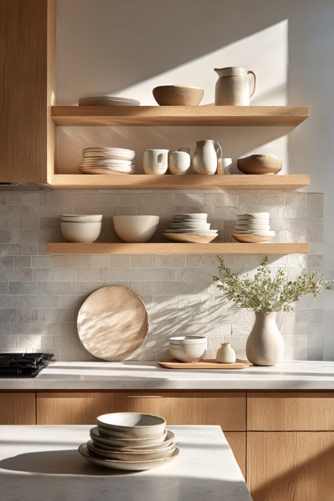 minimal kitchen backsplash with light tile, open wood shelves, and neutral ceramics in a warm organic modern kitchen design