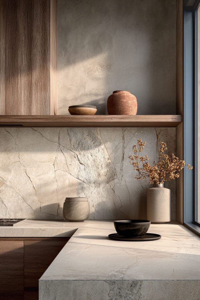 minimal kitchen backsplash with natural stone slab, warm wood cabinets, neutral tones, and modern organic kitchen design