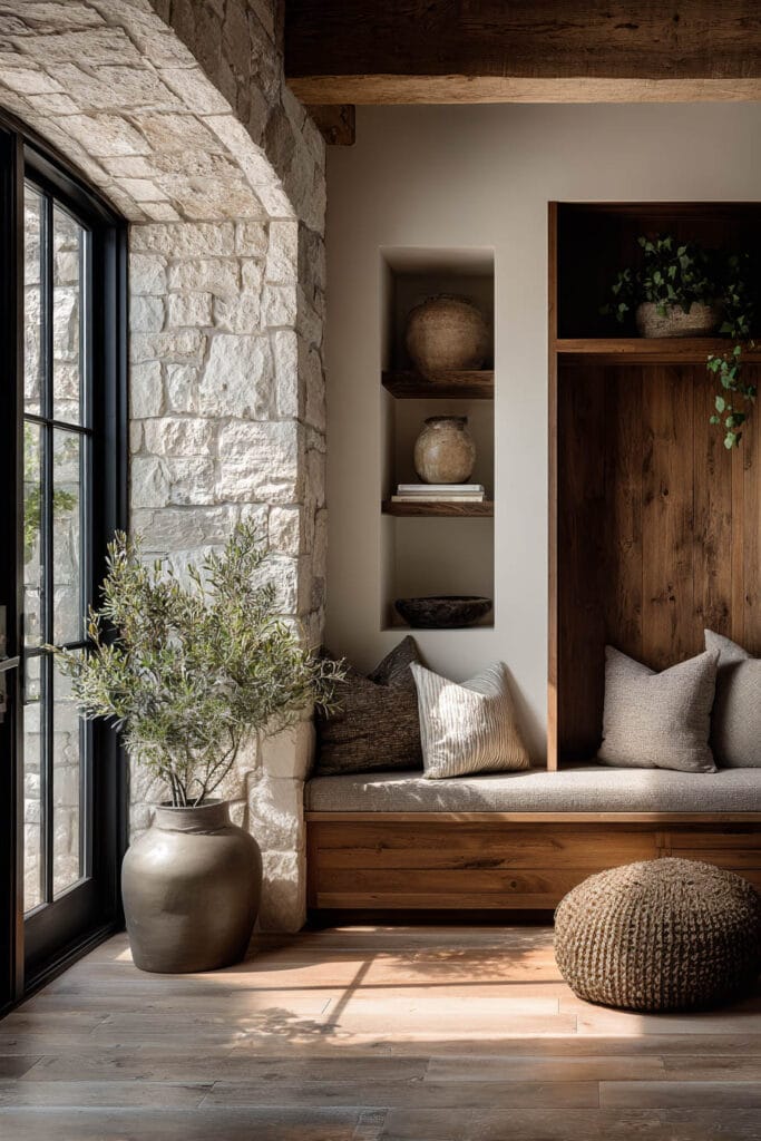 Natural materials entryway with stone wall, built-in wood bench seating, decorative niches, and neutral organic decor