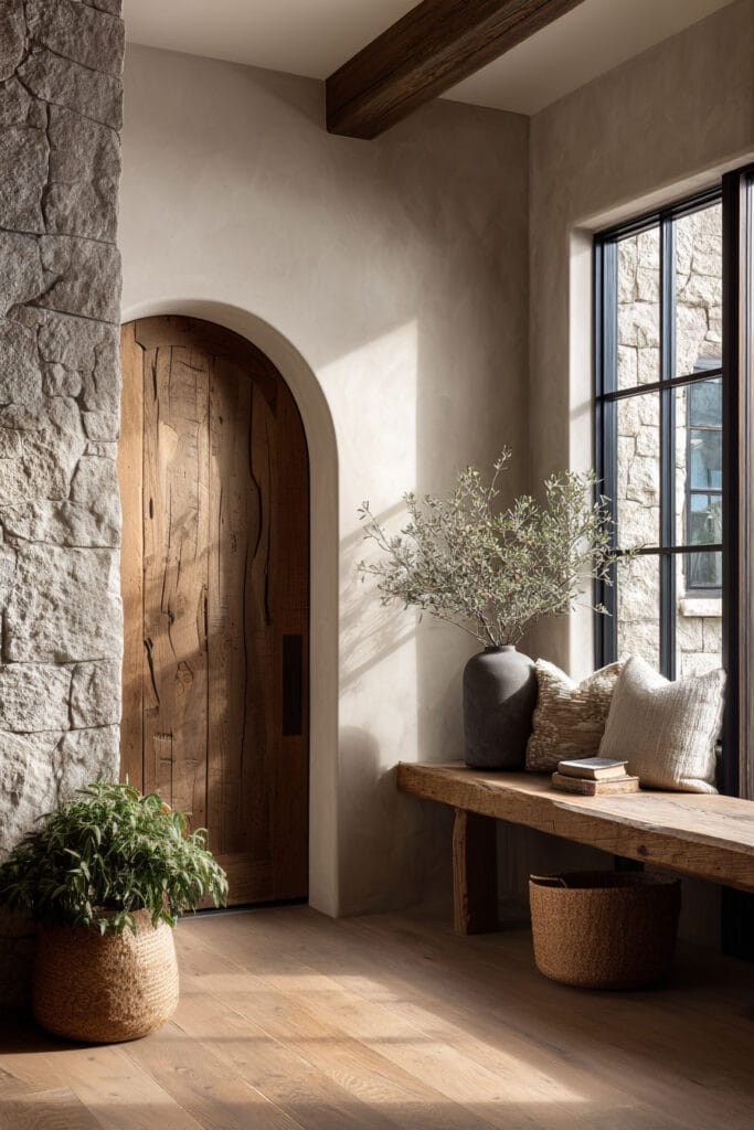 Natural materials entryway with arched wood door, stone wall, plaster walls, and rustic wood bench styled with neutral decor.