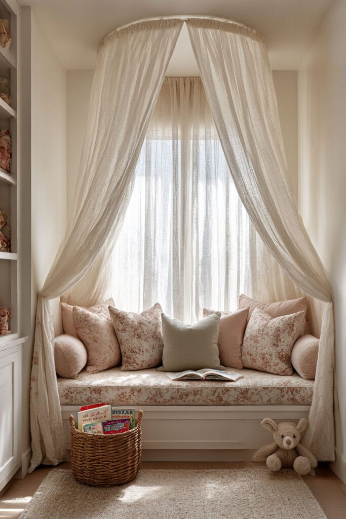 Nature-inspired little girls bedroom window seat reading nook with floral cushions, canopy drapes, books, and plush toy.
