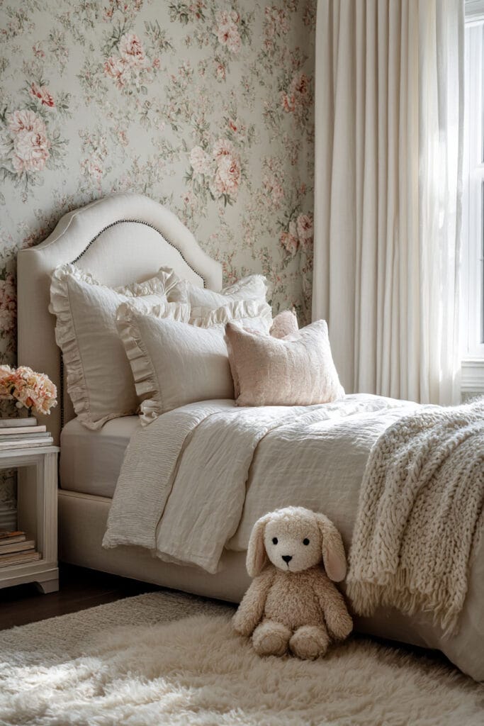 Nature-inspired little girl’s bedroom with floral wallpaper, upholstered bed, soft ruffled bedding, and plush bunny toy on a cozy rug.