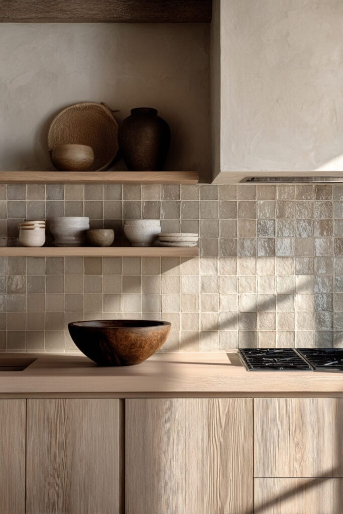 neutral kitchen with textured tile backsplash light wood cabinets and open shelving in organic modern design