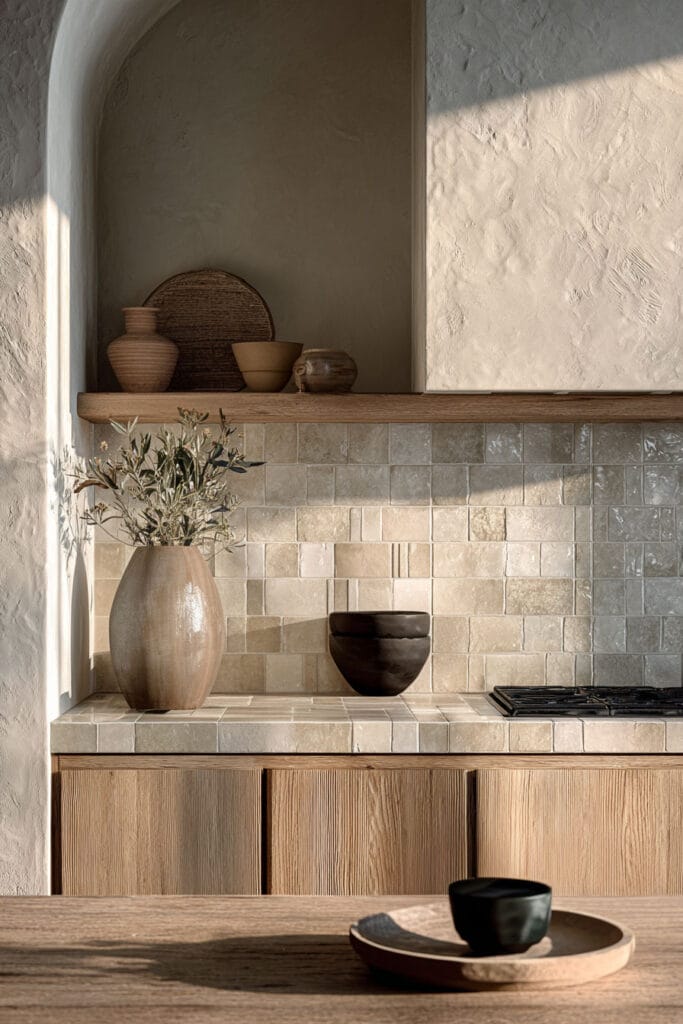 neutral tile kitchen backsplash with plaster walls and warm wood cabinets in an organic modern kitchen design