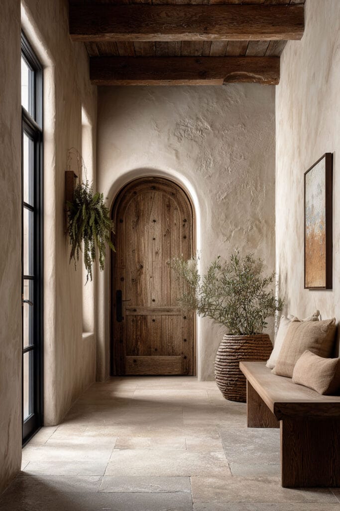 Organic modern entryway with arched wood door, plaster walls, stone tile floor, and warm natural textures.