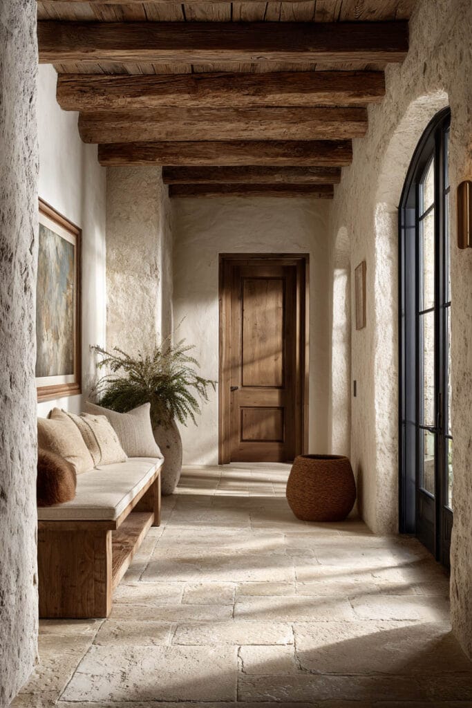 Organic modern hallway with rustic wood beam ceiling, stone flooring, plaster walls, and built-in bench seating.
