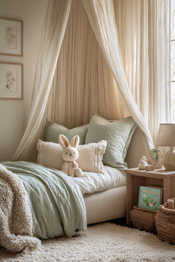 Nature-inspired little girls bedroom with sage green bedding, canopy bed, plush bunny toy, and soft neutral decor.