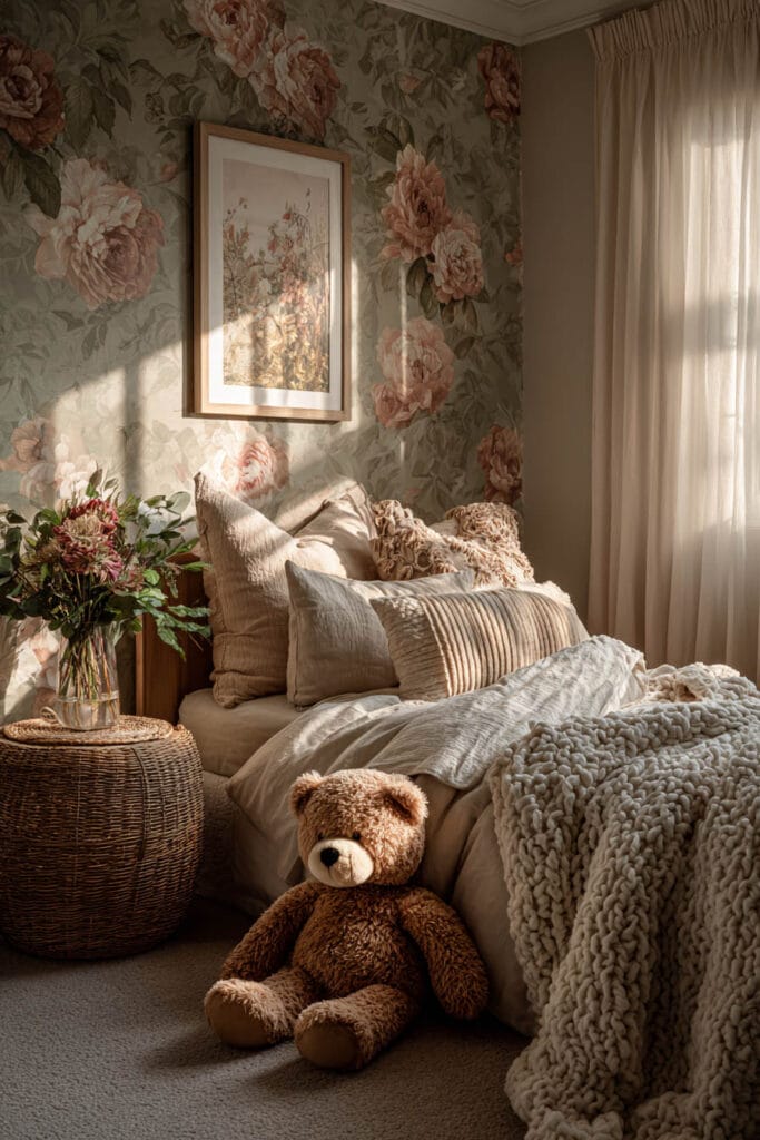 Nature-inspired little girls bedroom with floral wallpaper, neutral bedding, teddy bear, and cozy textured blankets.