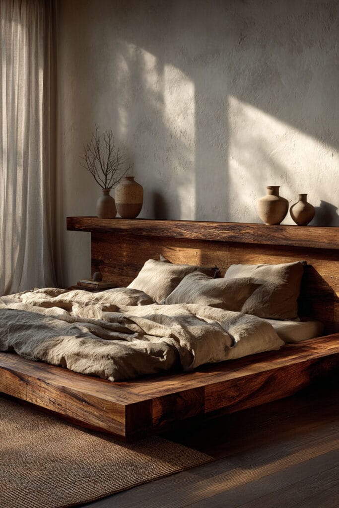 Japandi bedroom with floating wooden headboard shelf, neutral linen bedding, ceramic vases, and warm natural sunlight