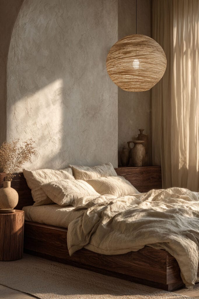 Japandi bedroom with paper lantern pendant light, warm neutral linen bedding, wooden bed frame, and soft natural sunlight