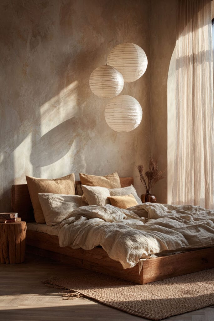 Japandi bedroom with paper lantern pendant lights, neutral linen bedding, wood platform bed, and soft sunlight through sheer curtains