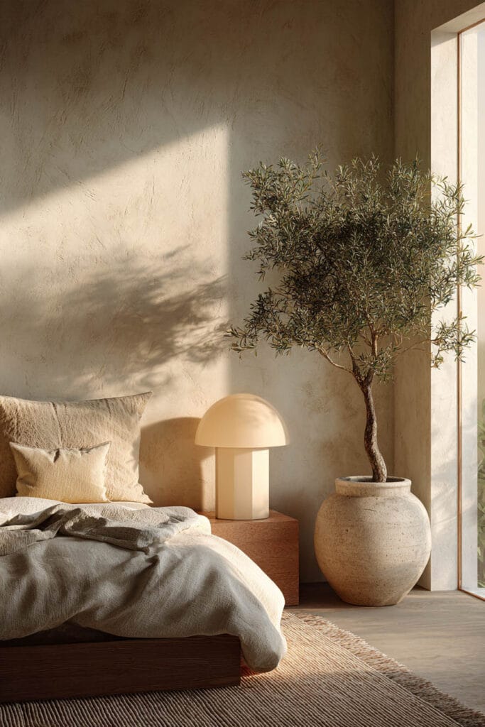 Japandi bedroom with minimalist table lamp, olive tree in ceramic pot, neutral linen bedding, and warm natural sunlight