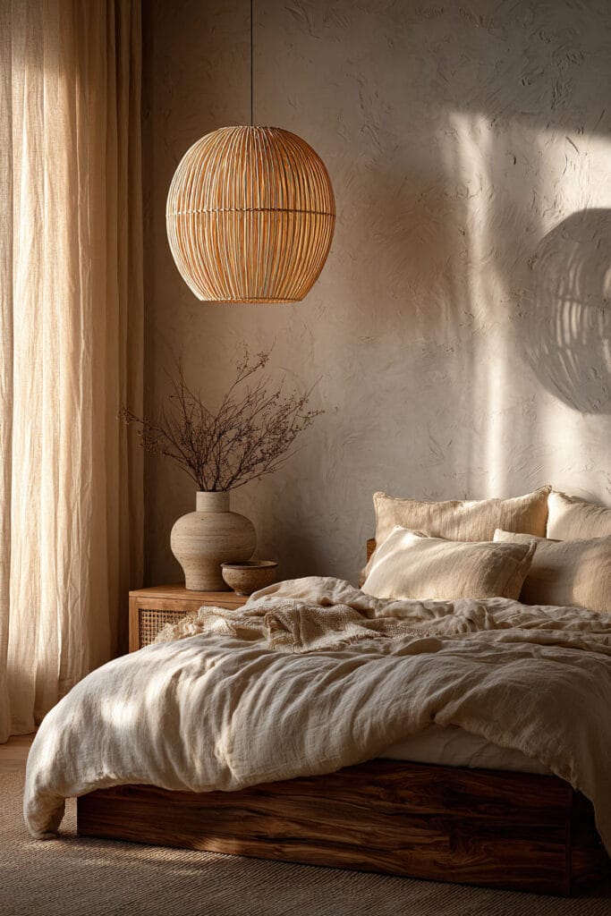 Japandi bedroom with woven pendant light, neutral linen bedding, textured plaster wall, and warm natural sunlight creating soft shadows