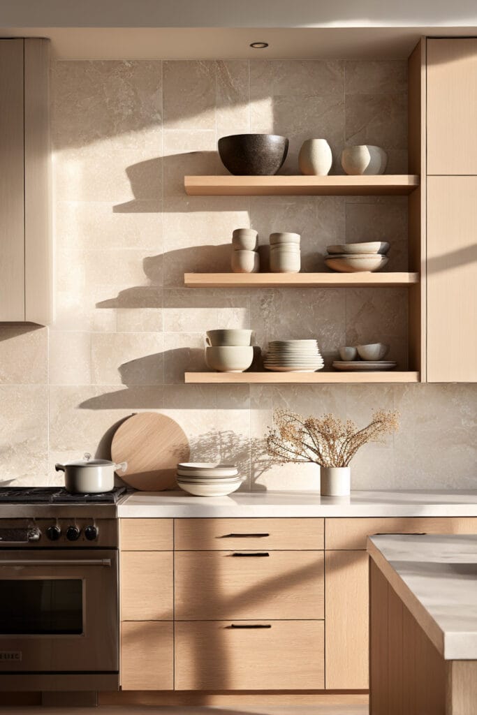 minimal kitchen backsplash with large format neutral tile, open shelving, warm wood cabinets, and modern kitchen design