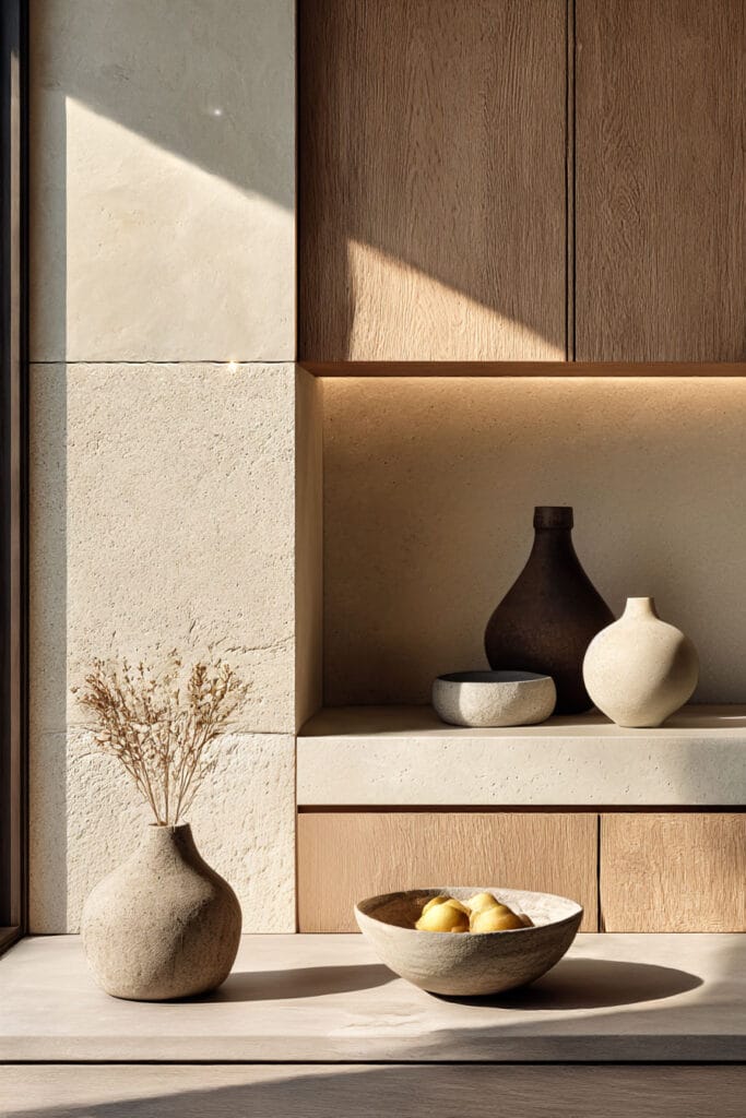 Organic modern decor styling with stone, clay pottery, wood cabinetry, and neutral natural textures