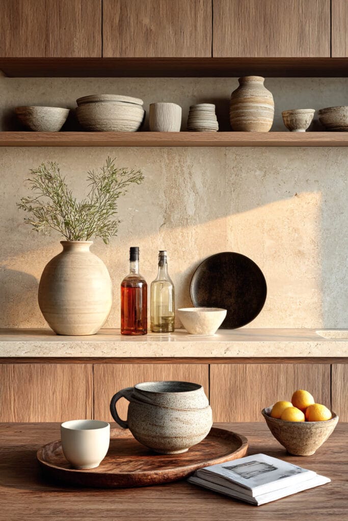 Natural materials kitchen styling with wood cabinets, stone backsplash, and clay pottery displayed on open shelves.