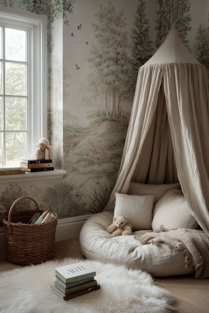 Nature-inspired little girls bedroom reading nook with canopy drapes, woodland mural wallpaper, floor cushion, and woven basket of books.