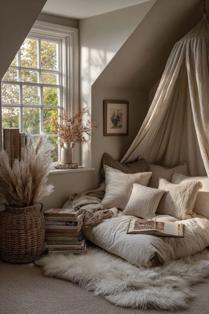 Nature-inspired little girl’s bedroom with cozy floor reading nook, canopy drape, neutral pillows, books, and warm natural sunlight by a window.