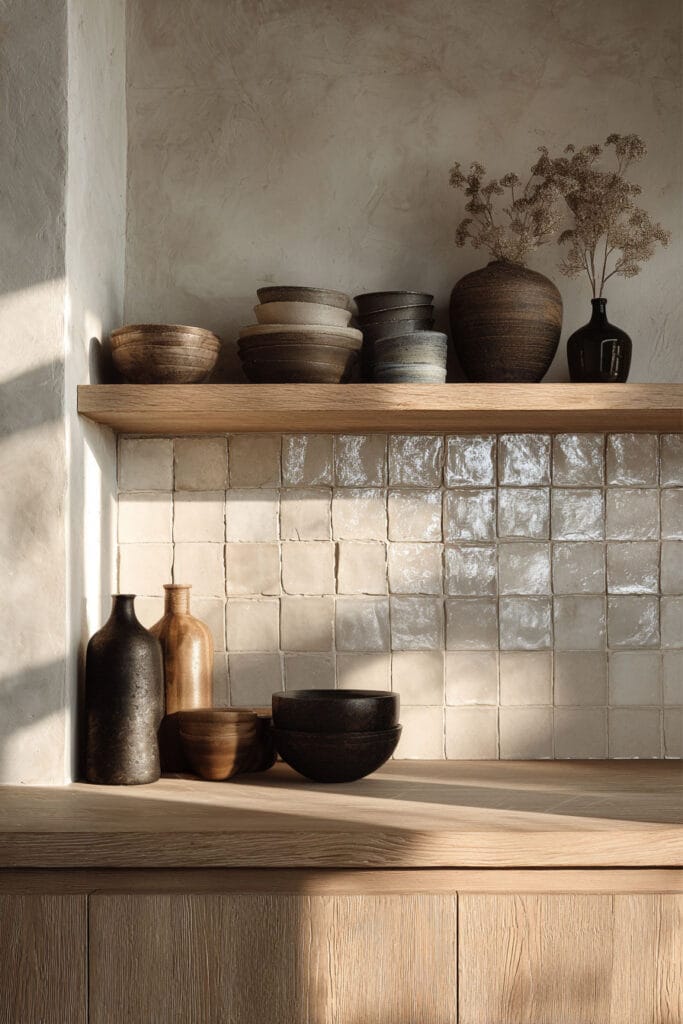 Neutral kitchen backsplash with glossy square tiles, wood cabinetry, open shelf styling, and earthy decor in an organic modern kitchen