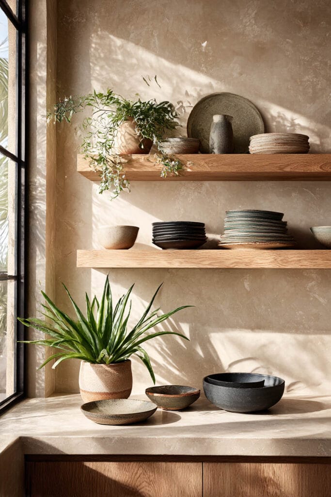 open kitchen shelving with ceramic dishes, wood shelves, and plants in a warm neutral organic modern kitchen design