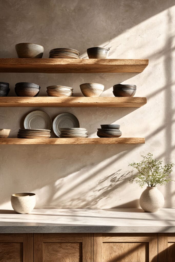 open kitchen shelving with neutral ceramics wood shelves and plaster walls in organic modern kitchen design