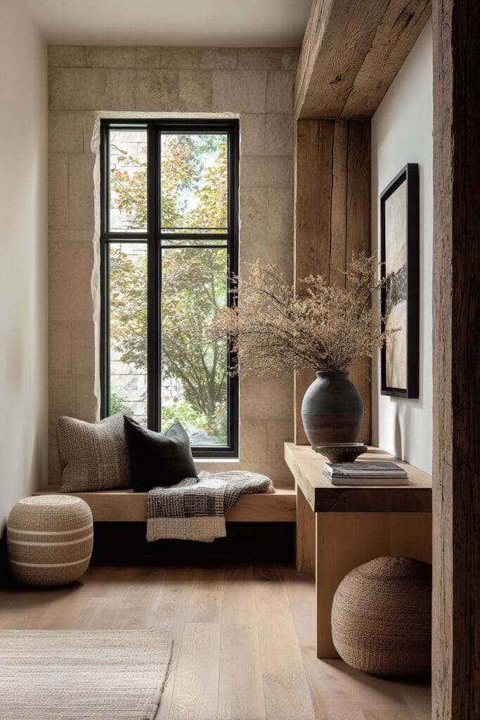 Organic modern entryway with built-in window bench, wood console table, stone tile walls, and natural decor.