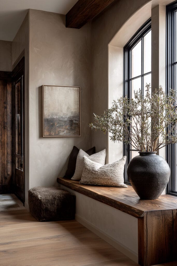 Organic modern hallway with wood window bench, plaster walls, ceramic vase with greenery, and warm natural textures.