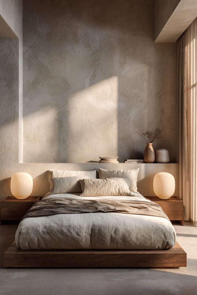 Japandi bedroom with low wood bed, neutral linen bedding, soft bedside lamps, and textured plaster wall with natural sunlight