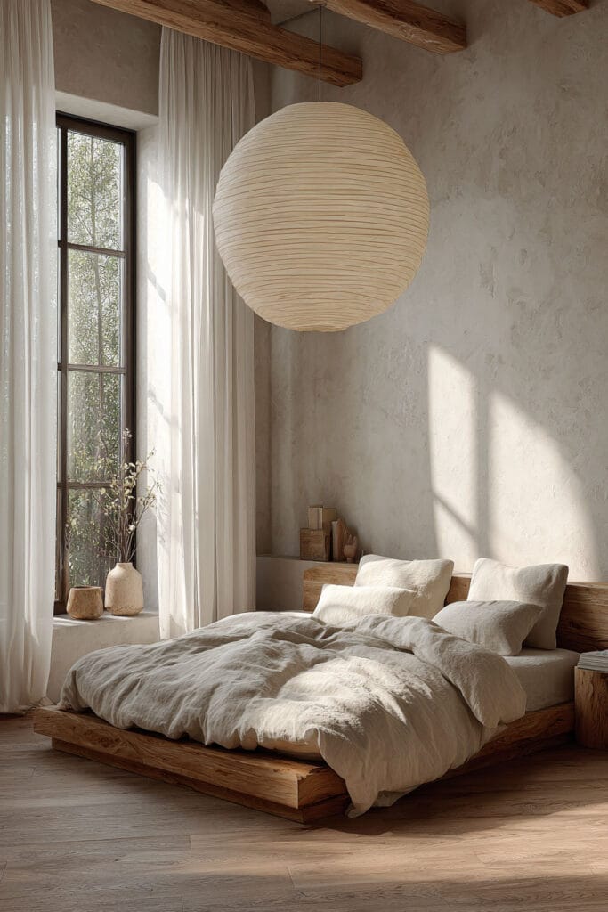 Japandi bedroom with large paper lantern pendant light, neutral linen bedding, wood platform bed, and soft natural light through sheer curtains