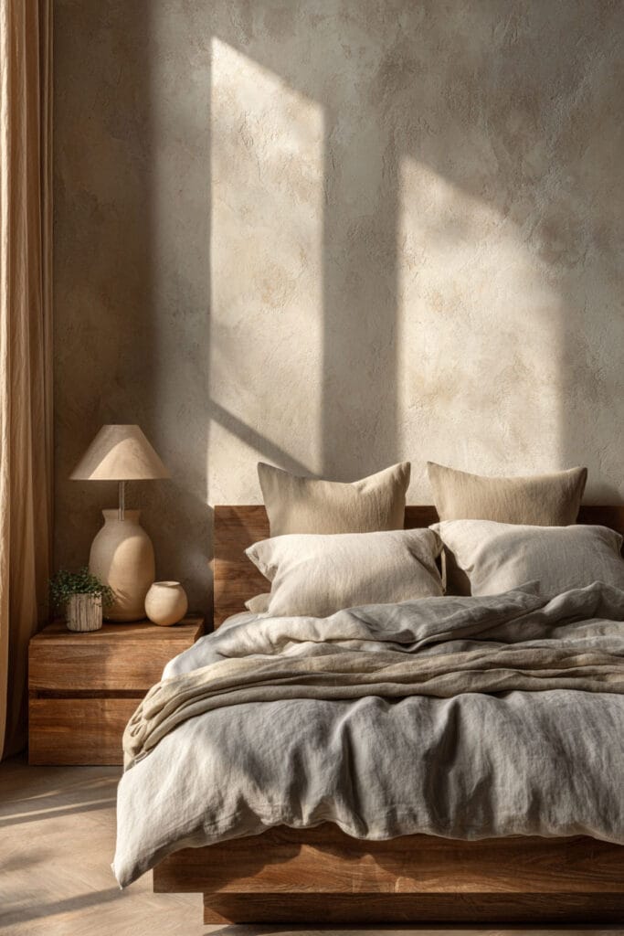 Japandi bedroom with soft natural light, neutral linen bedding, wooden bed frame, textured wall, and minimalist bedside styling