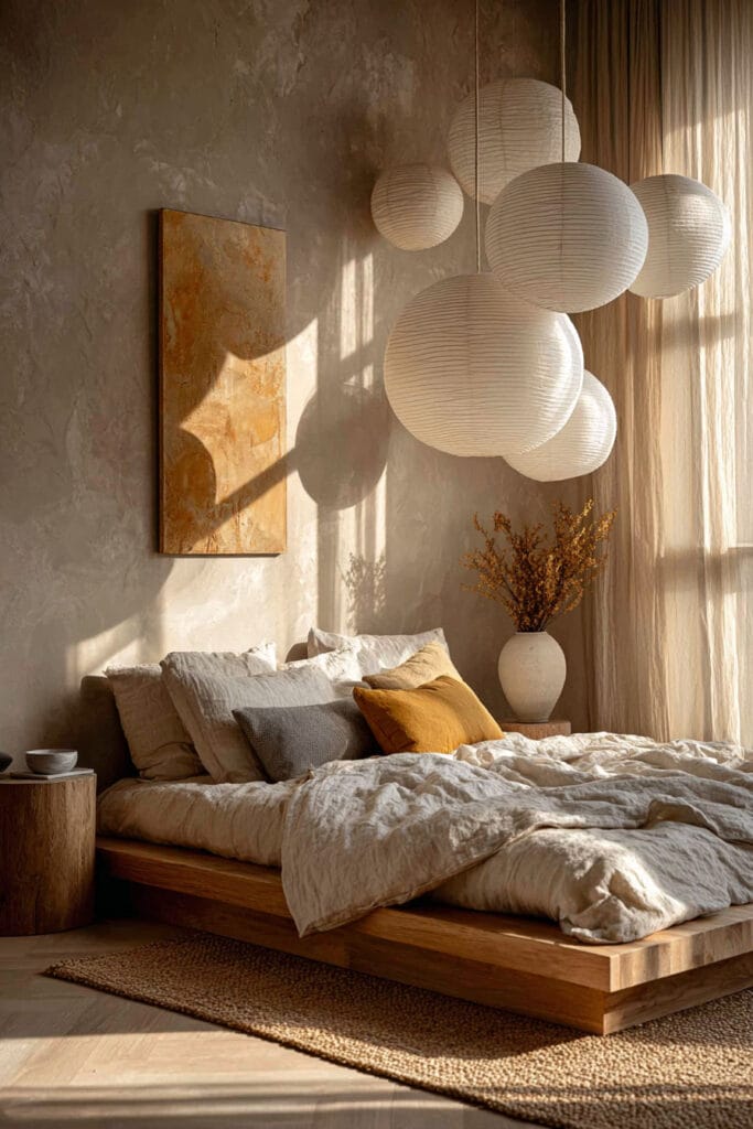 Japandi bedroom with paper lantern pendant lights, neutral linen bedding, textured wall, and warm natural sunlight