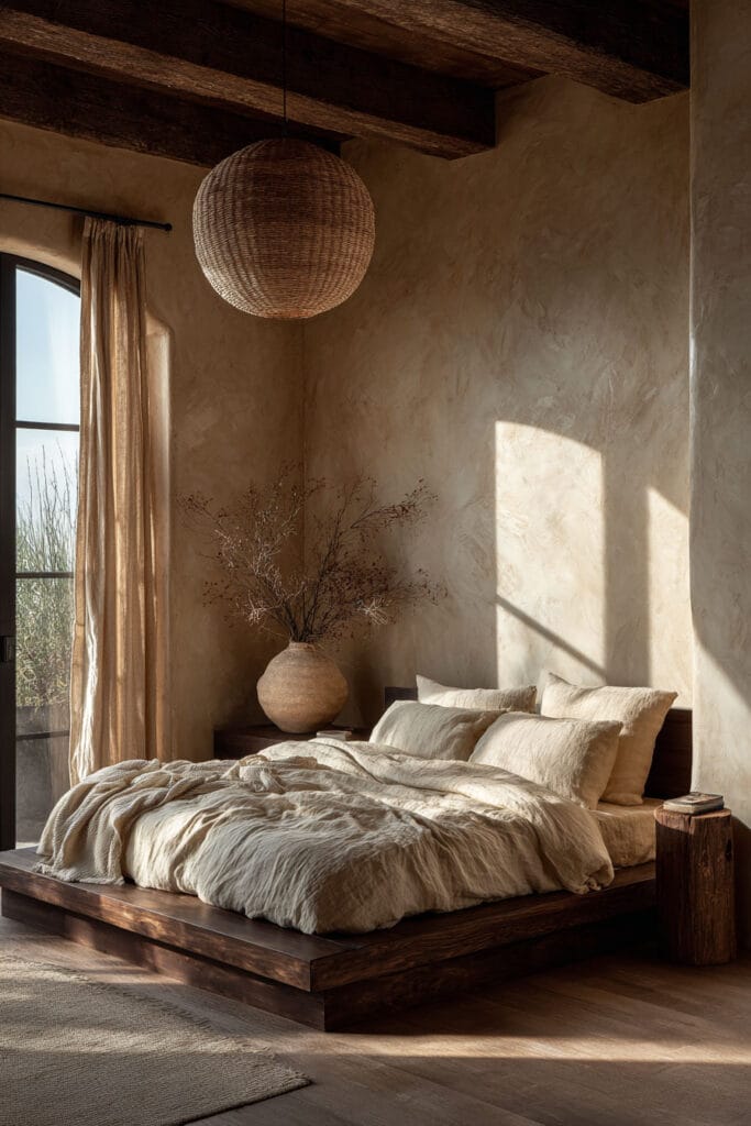 Japandi bedroom with rattan pendant light, exposed wood ceiling beams, linen bedding, and warm natural sunlight