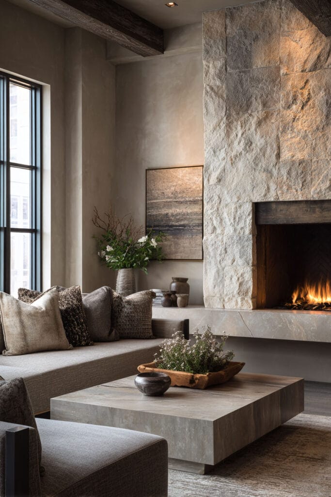 Natural materials living room with stone fireplace, wood ceiling beams, neutral sofa, and layered stone and wood textures.