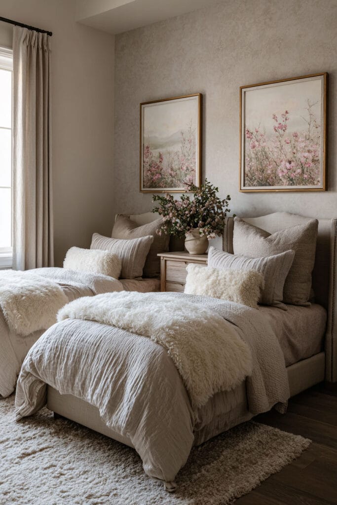 Nature-inspired shared little girls bedroom with two twin beds, neutral bedding, floral wall art, and cozy textured throws.
