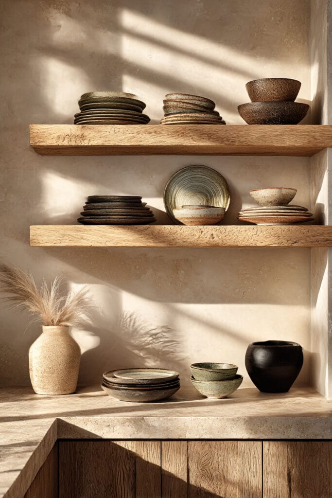open kitchen shelving with ceramic dishes, warm wood shelves, and neutral decor in an organic modern kitchen design