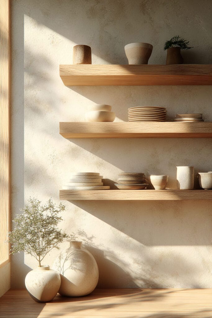open kitchen shelving with neutral ceramics, light wood shelves, and plaster walls in a bright organic modern kitchen design