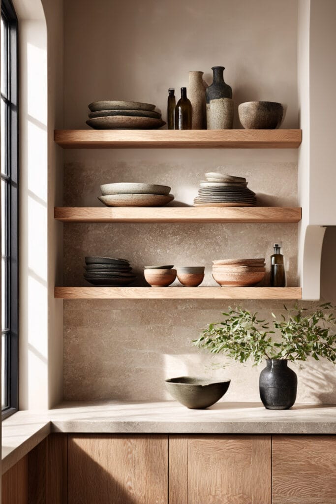 open kitchen shelving with neutral ceramic dishes, warm wood shelves, stone backsplash, and organic modern kitchen styling
