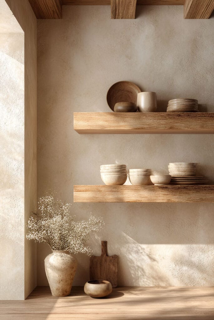 open kitchen shelving with warm wood shelves neutral ceramics and plaster walls in organic modern kitchen design