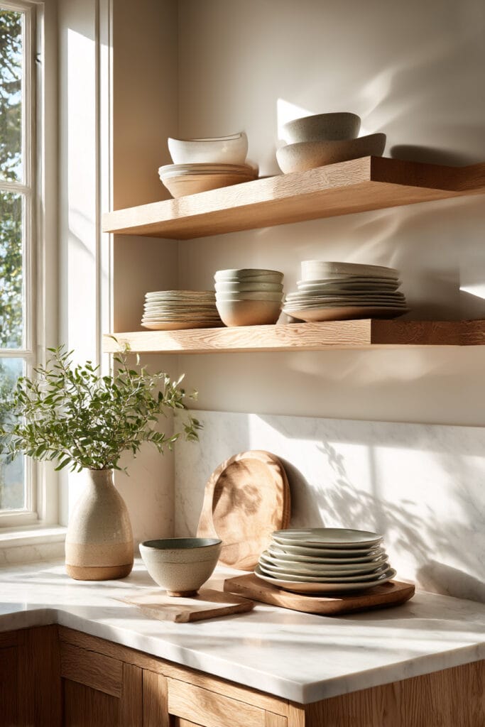Kitchen with open wood shelving, ceramic dishes, marble countertop, and natural sunlight in a minimalist organic kitchen